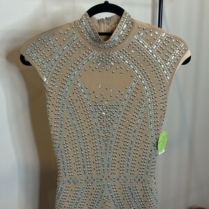 Nude Rhinestone Bling Short Dress